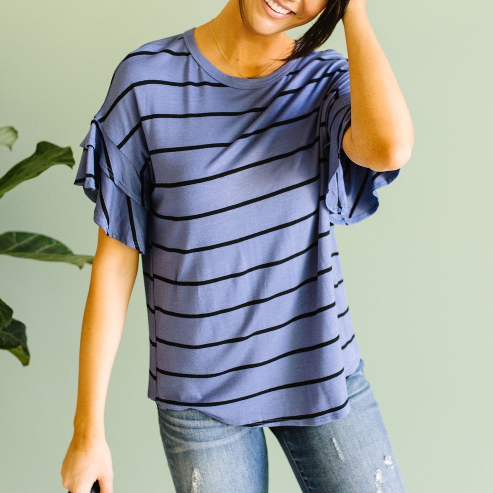 Twice as Nice Striped Ruffle Top in Denim - Picture 2 of 10